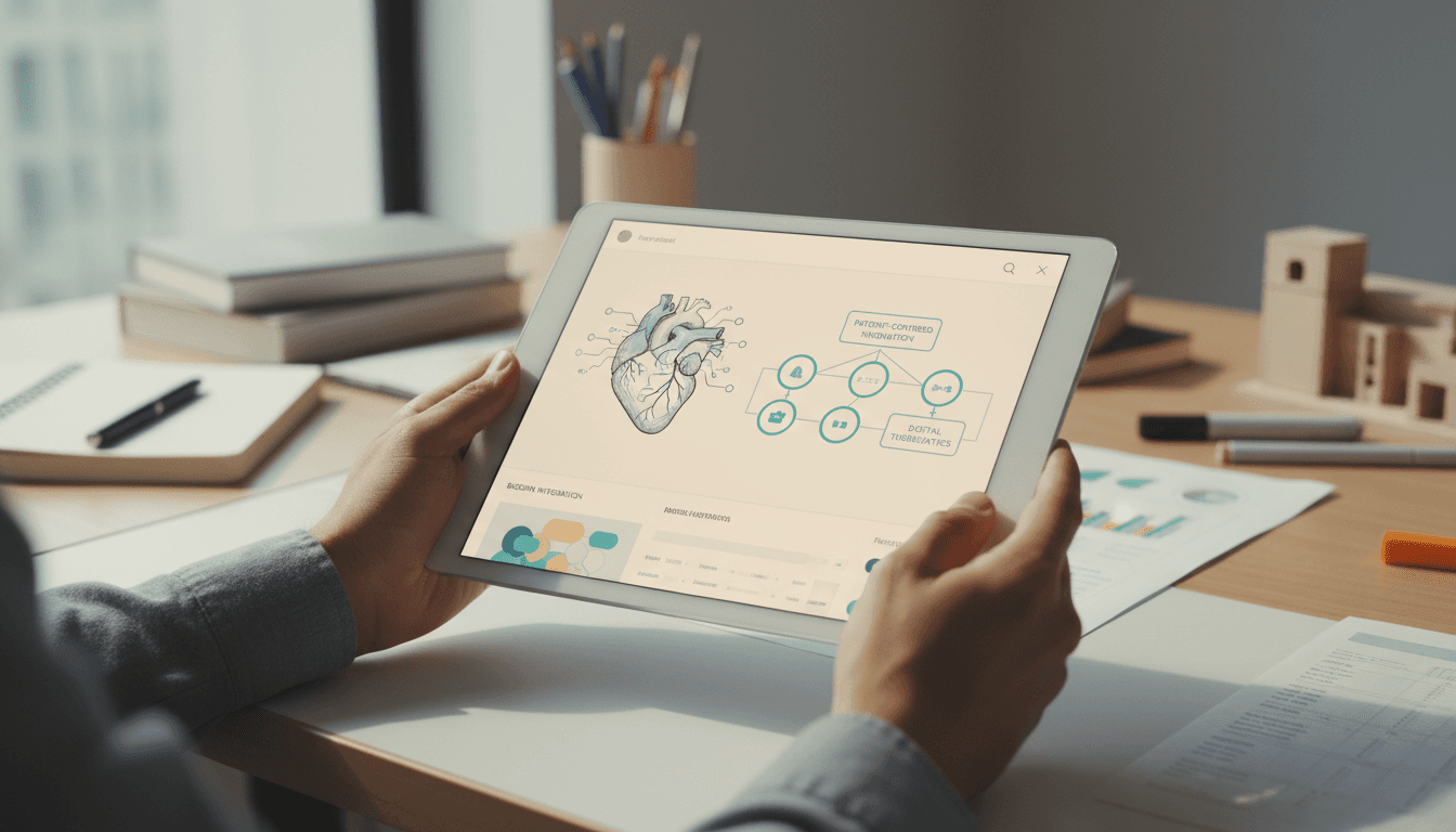 Workspace with tablet showing healthcare design sketches and medical research materials in natural light