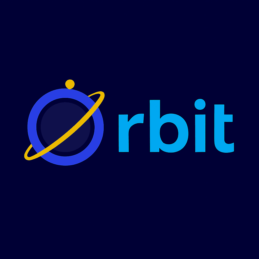 Light blue Orbit logo featuring a stylized planet with a yellow ring on dark background.
